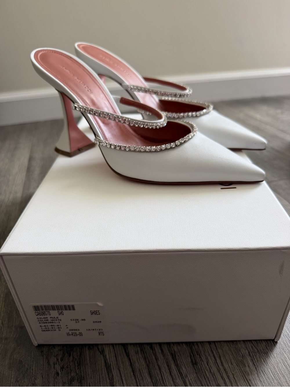 Amina Muaddi Gilda Crystal Embellished White Leather Mule Heels – Size 38